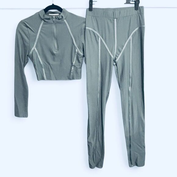 Cherry Mellow 2pc Jacket & Leggings Set Sz Large Gray 1/2 Zip Mock Neck Piping - Picture 1 of 7